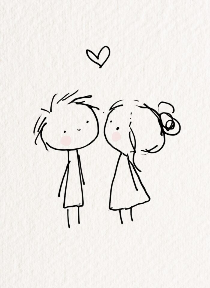 Loose black line doodle of two thin-bodied cartoon people, with a bun-haired figure in a triangular dress leaning towards the other figure’s cheek. The left figure has short tousled hair; faint pink cheeks and an outlined heart add affectionate accents.