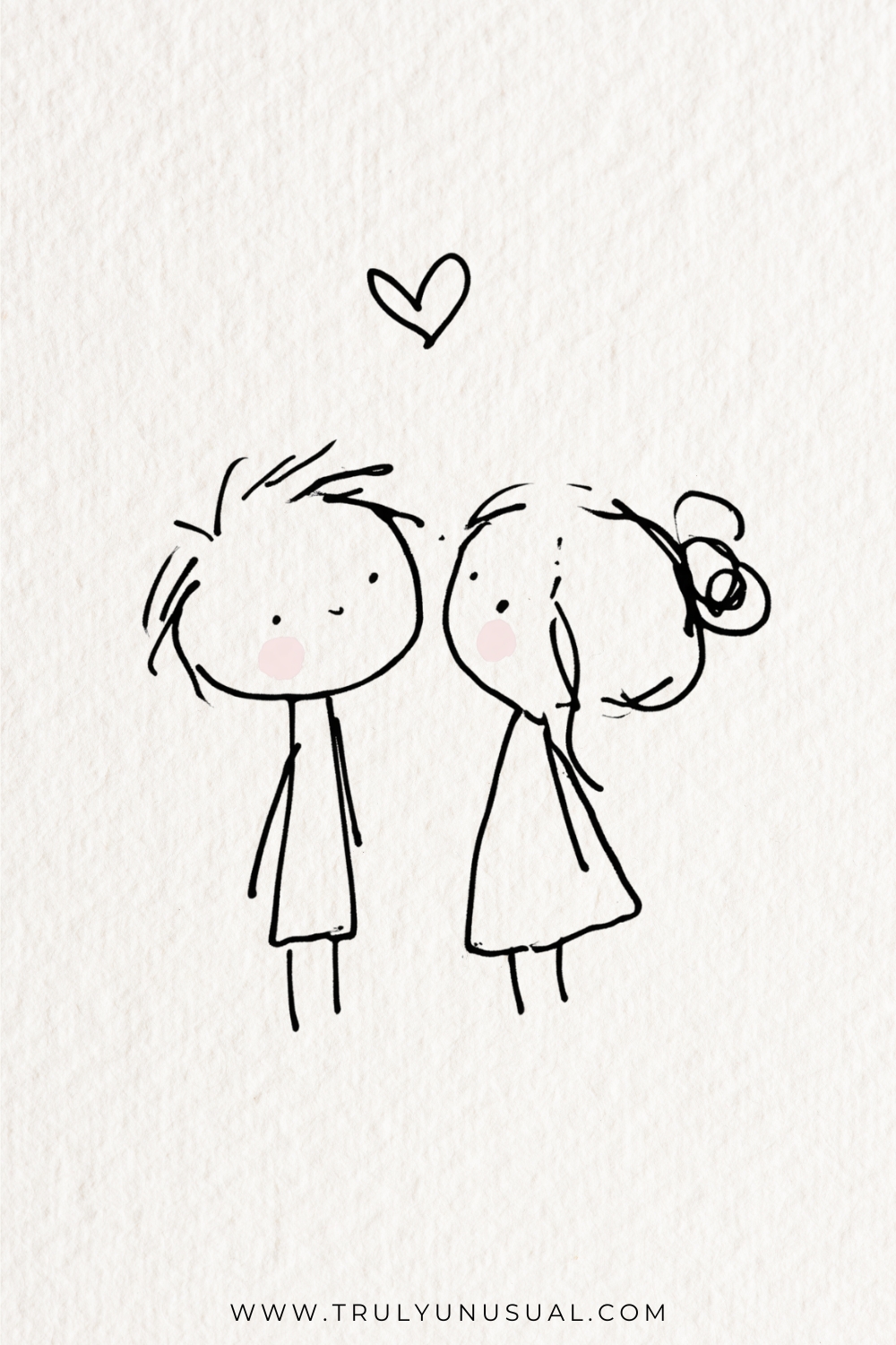 Loose black line doodle of two thin-bodied cartoon people, with a bun-haired figure in a triangular dress leaning towards the other figure’s cheek. The left figure has short tousled hair; faint pink cheeks and an outlined heart add affectionate accents.