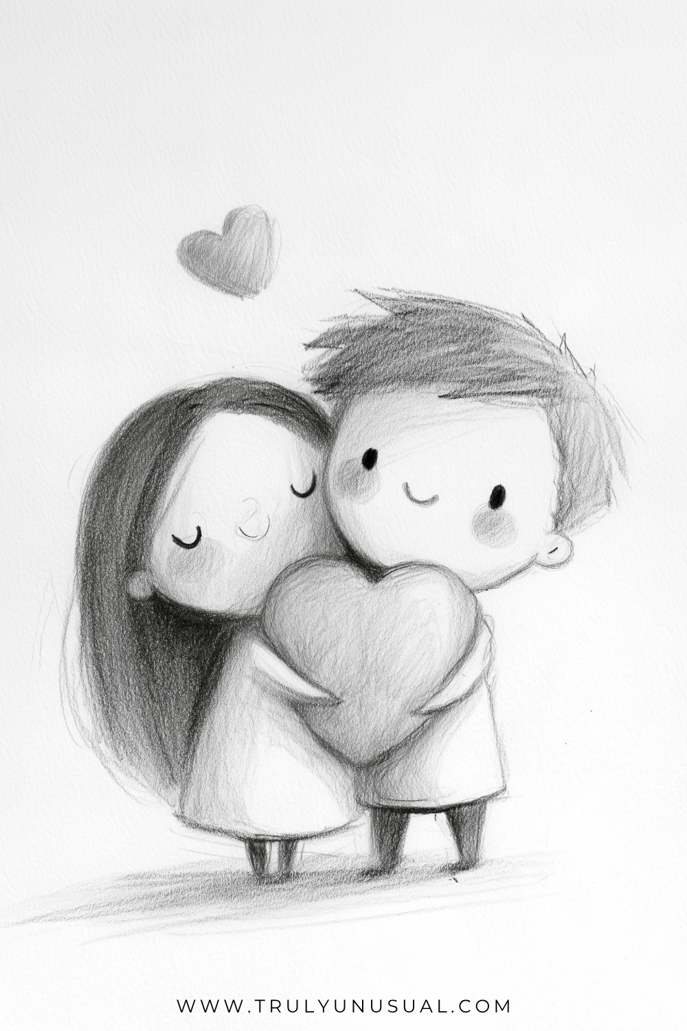 Grey pencil drawing of two small cartoon people leaning their heads together while jointly holding a large shaded heart. The left figure has long dark hair and closed eyes; the right has short swept hair and open eyes. A smaller grey heart floats above them.