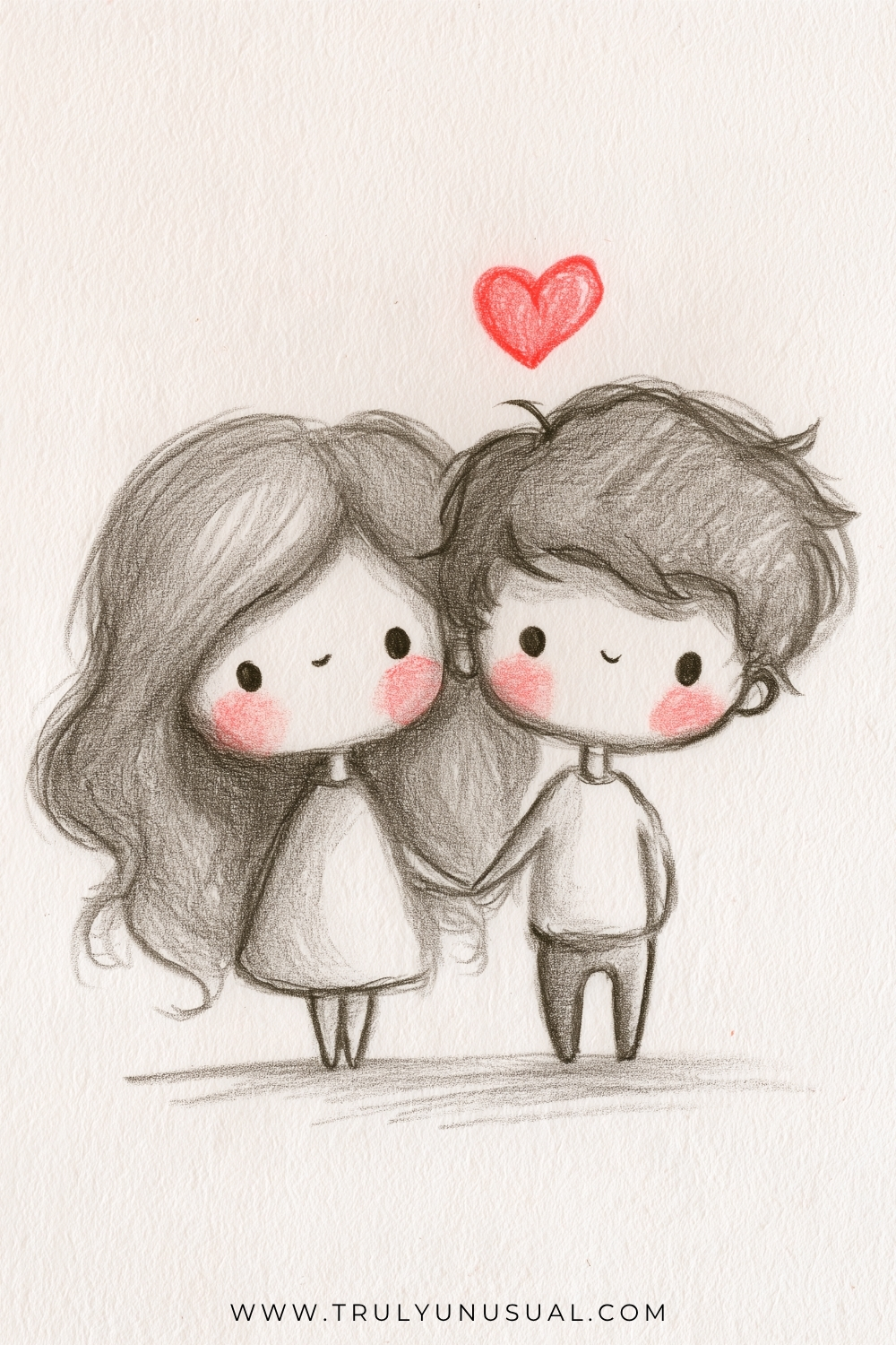 Pencil and coloured-pencil drawing of a cartoon couple holding hands, with long wavy hair and a dress on the left and short tousled hair, a top and trousers on the right. Both have large round heads, black eyes and bright pink cheeks, beneath a red heart.