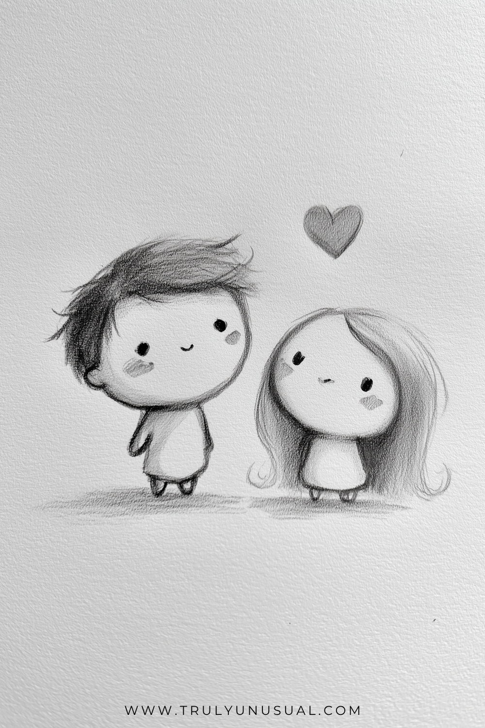 Grey pencil sketch of two tiny cartoon people standing apart beneath a shaded heart. The taller left figure has dark swept hair and a small smile; the right figure has long light hair curling at the ends and a tiny mouth. Their heads tilt inward above short rounded bodies.