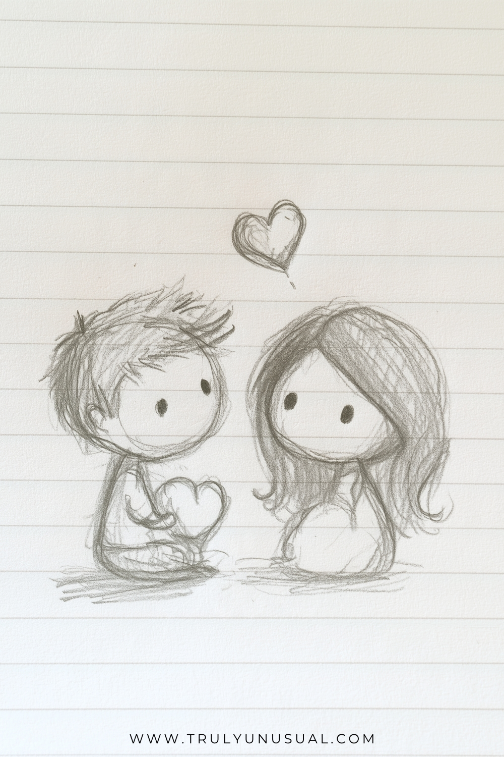 Loose graphite drawing on horizontally lined paper of two cartoon people sitting facing each other. The spiky-haired figure on the left holds a heart in front of their body, while the long-haired figure on the right sits with bent legs. An outlined heart floats above them.