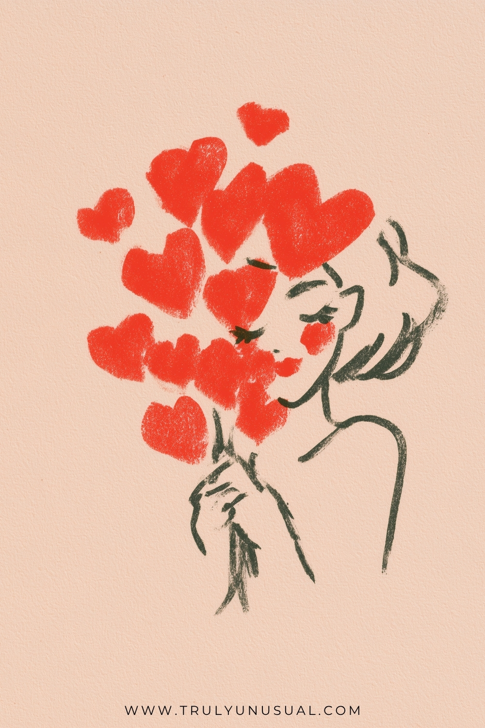 Loose black and red illustration of a woman holding thin stems topped with red hearts. The hearts rise above and partly cover her face; she has lowered eyes, red lips and red cheek accents against a pale peach background.
