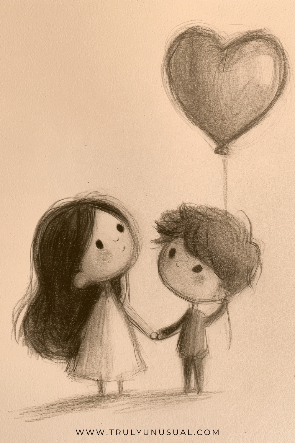 Pencil drawing on warm peach paper of a cartoon couple holding hands below a large shaded heart-shaped balloon. The left figure has long dark hair and a light dress; the right has short tousled hair, dark clothes and a raised arm beside the balloon string. Their heads tilt inward.