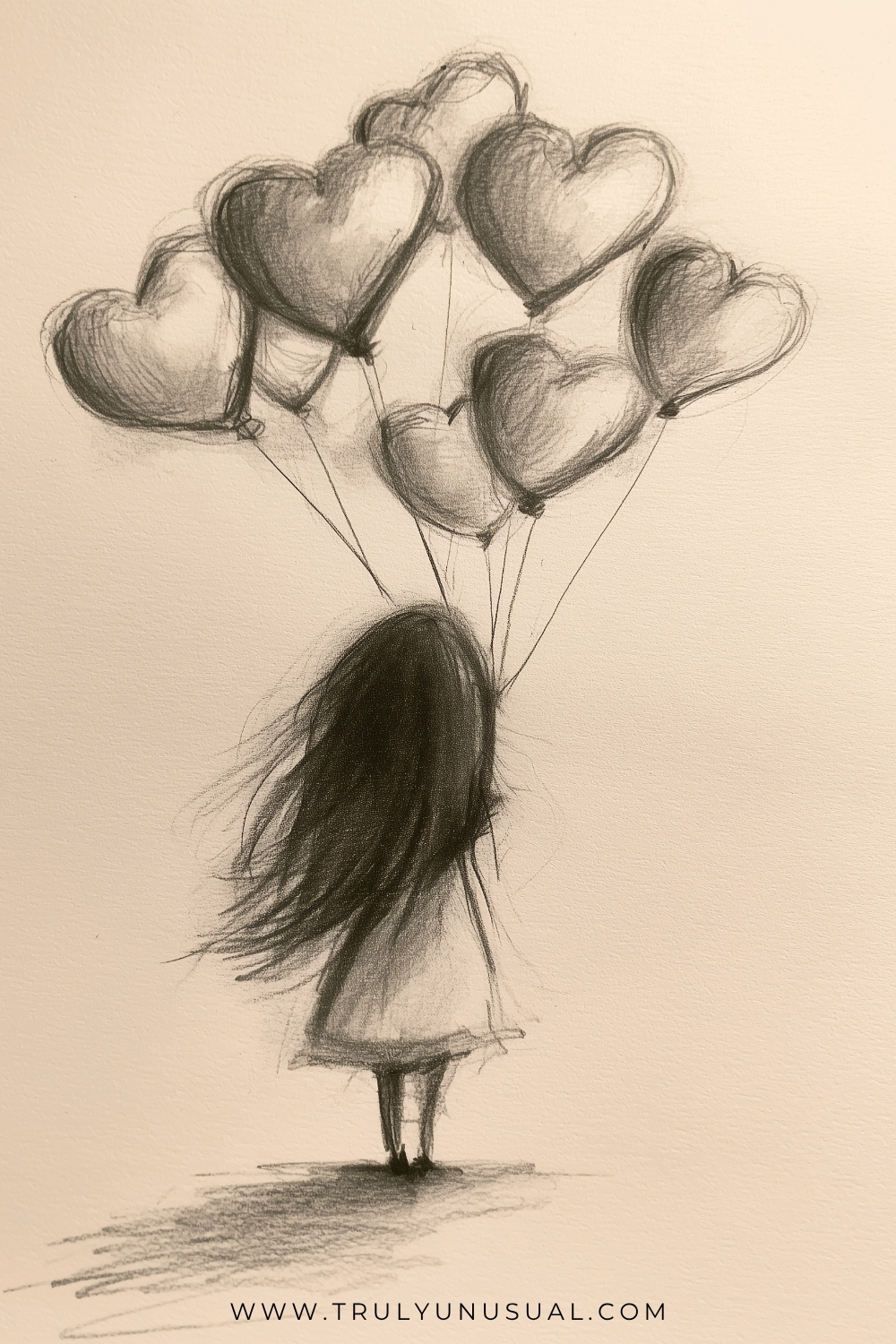 Graphite-style drawing on warm beige paper of a small girl seen from behind in a knee-length dress. Her long dark hair blows left beneath a cluster of overlapping heart-shaped balloons, with fine strings converging beside her upper body. A broad shadow extends left across the ground.