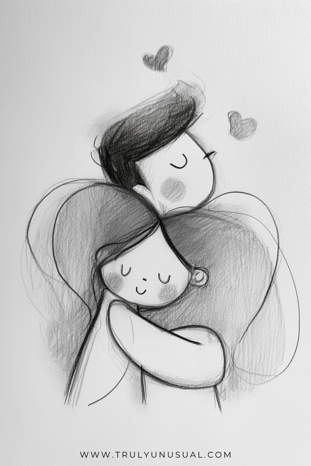 Close-up graphite drawing of two cartoon people embracing with closed eyes and softly shaded cheeks. A short dark-haired figure rests their head above a smiling long-haired figure, and a broad curved arm crosses the foreground. Two grey hearts float above their overlapping heads.