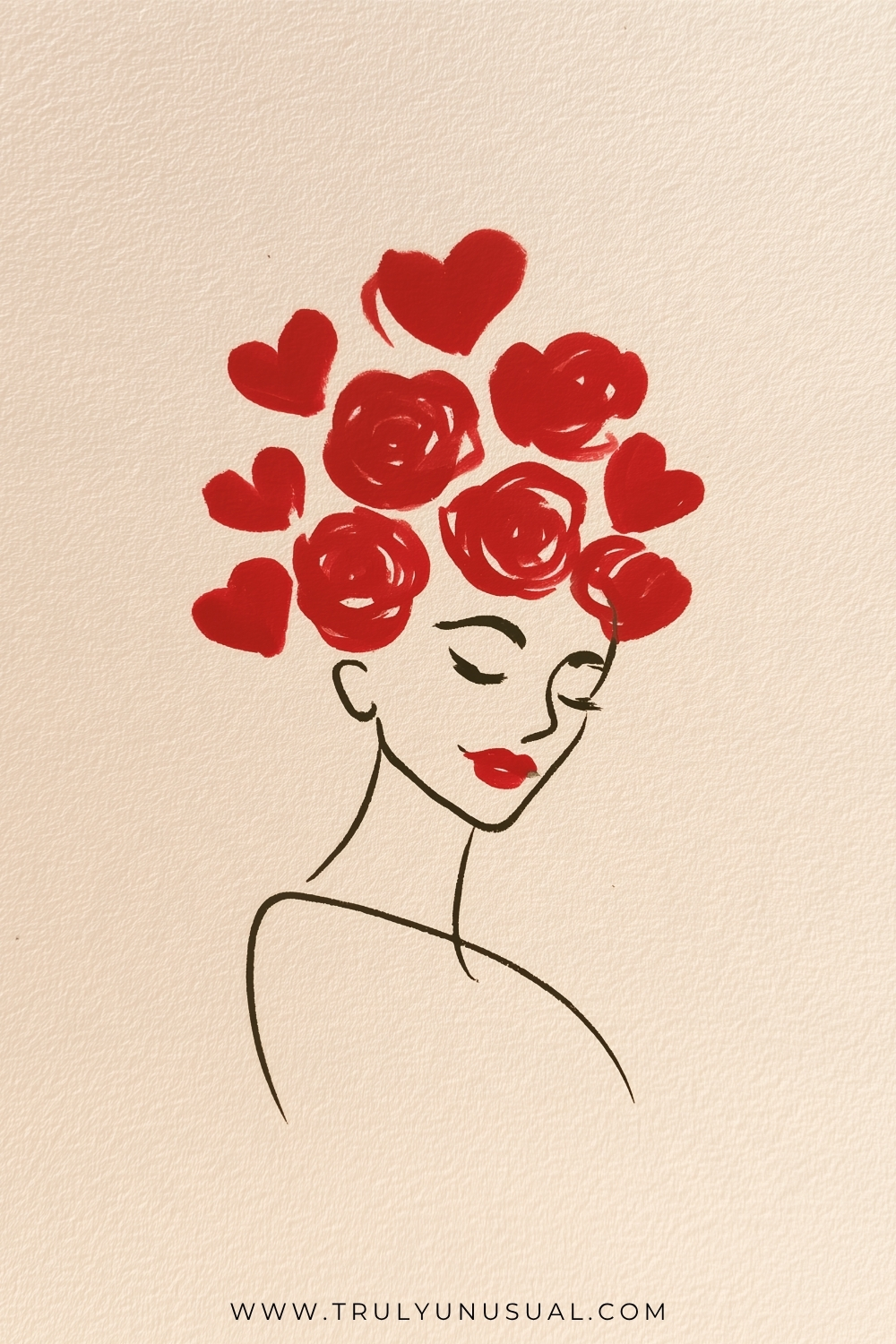 Black line portrait of a woman with closed eyes, a small red smile and a long slender neck. Her crown is made of red spiral roses and solid red hearts; a simple shoulder outline sits below on a cream textured background.
