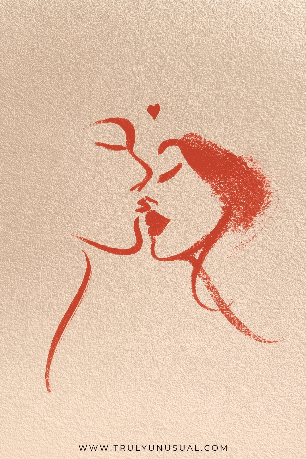 Minimal red drawing of two people kissing in profile on beige textured paper. The left face is mostly outlined, while the right figure has red lips and a broad textured patch of red hair; a tiny red heart sits above them.