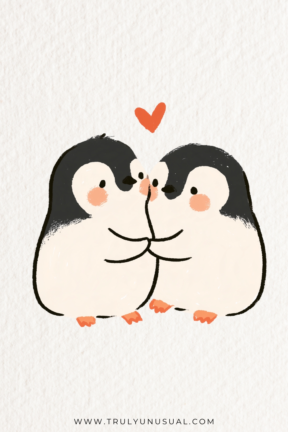 Two plump cartoon penguins face each other with their orange beaks touching and flippers reaching together. They have black backs, cream bellies, peach cheeks and little orange feet, with a red heart above them on a white textured background.