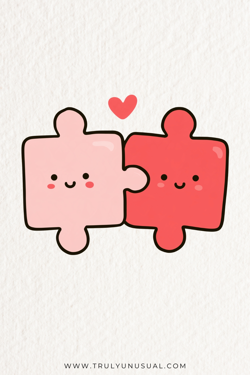 Two interlocking cartoon jigsaw pieces outlined in black, pale pink on the left and bright red on the right. Both have black dot eyes, smiling mouths, rosy cheeks and pale highlights; a red heart floats above their joined edges.