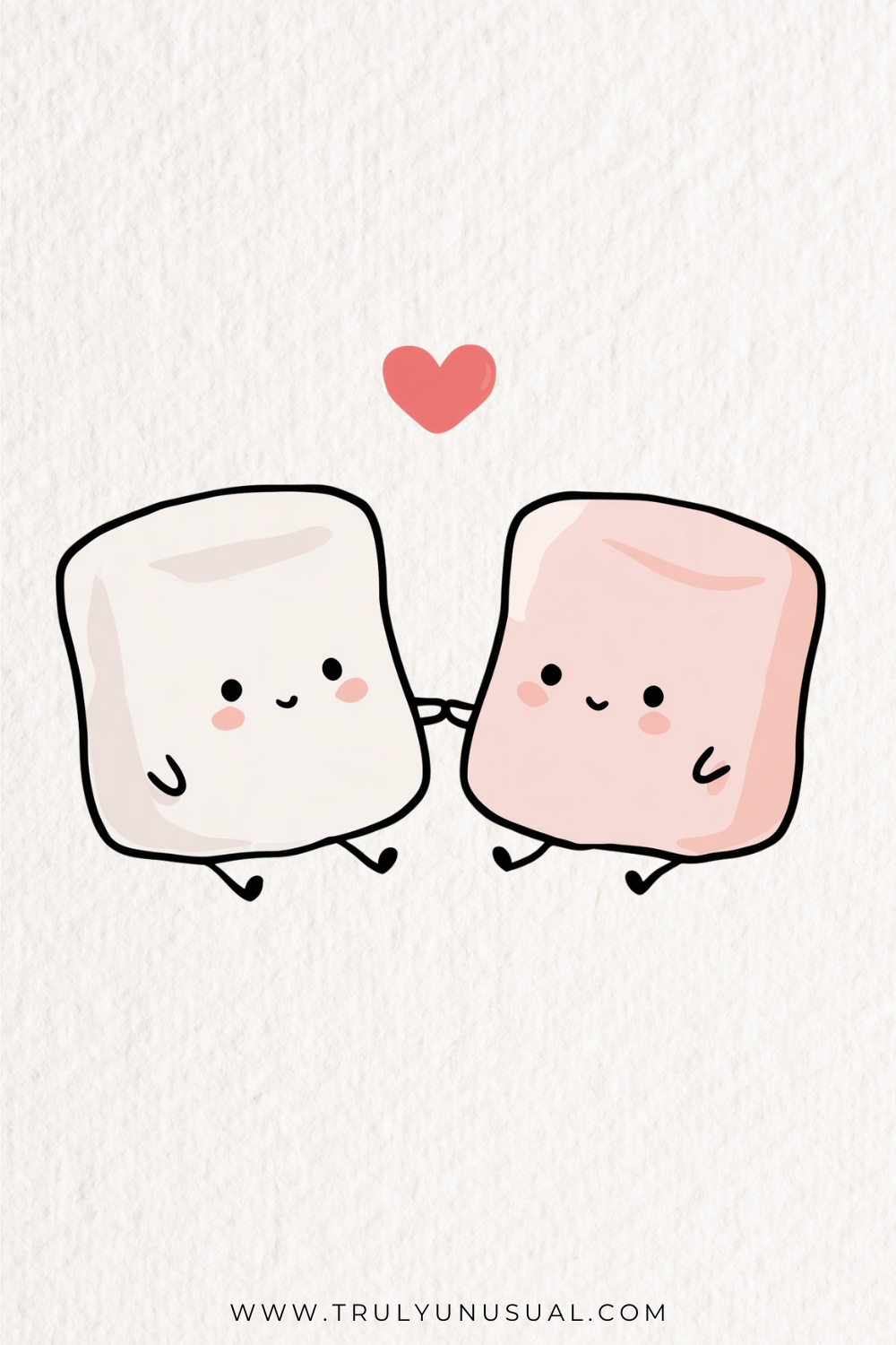 A white marshmallow and a pale pink marshmallow hold hands beneath a red heart. Both have rounded cylindrical bodies, black dot eyes, small smiles, pink cheeks and tiny stick arms and legs, drawn on a white textured background.
